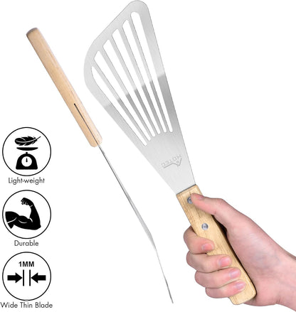 HOTEC 2pcs Stainless Steel Wooden Handle Fish Spatula, Metal Spatula Flipping Foods