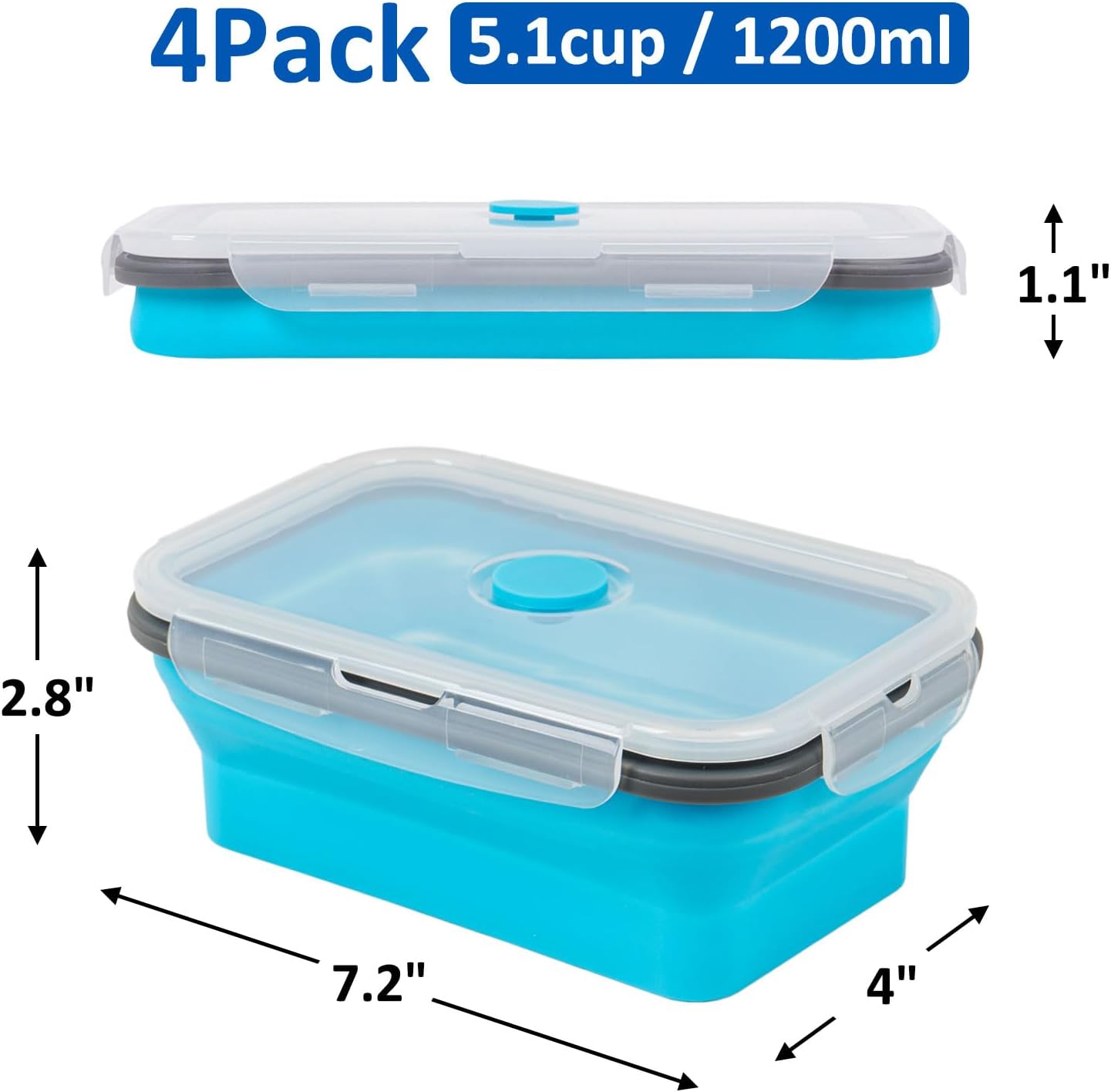 Collapsible Silicone Food Storage Containers Set with Lid & Air Vent,Foldable Lunch Containers(4PCS,Blue,27oz)