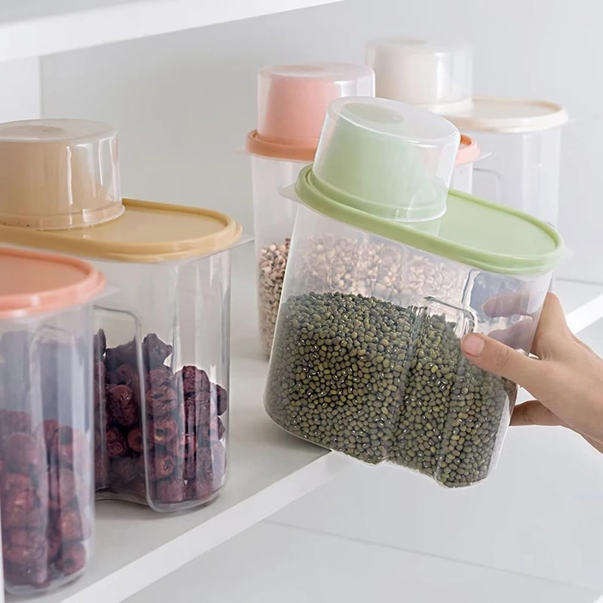3pcs Rice Storage Bin, 1.9L Cereal Storage Container Food Airtight Container with Pouring Spout abd Measuring Cup for Oatmeal, Grain, Pasta, Flour, Dog Cat Food Canister(Pink&Blue&Green)