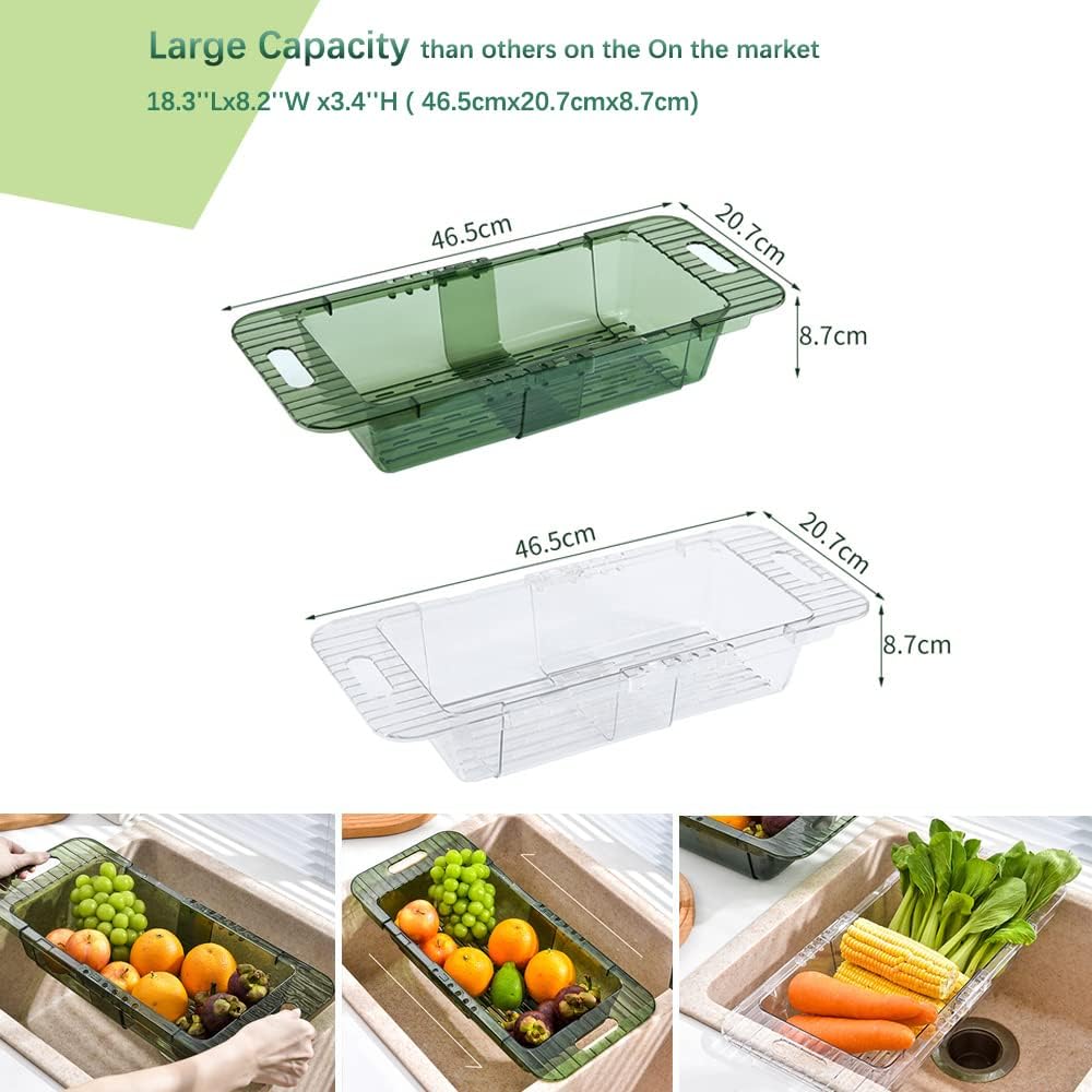 Over the Sink Colander Strainer Basket, Expandable Multifunctional Plastic Colander, Adjustable Drainer Basket, Wash Vegetables and Fruits, Drain Cooked Pasta and Dry Dishes - Green