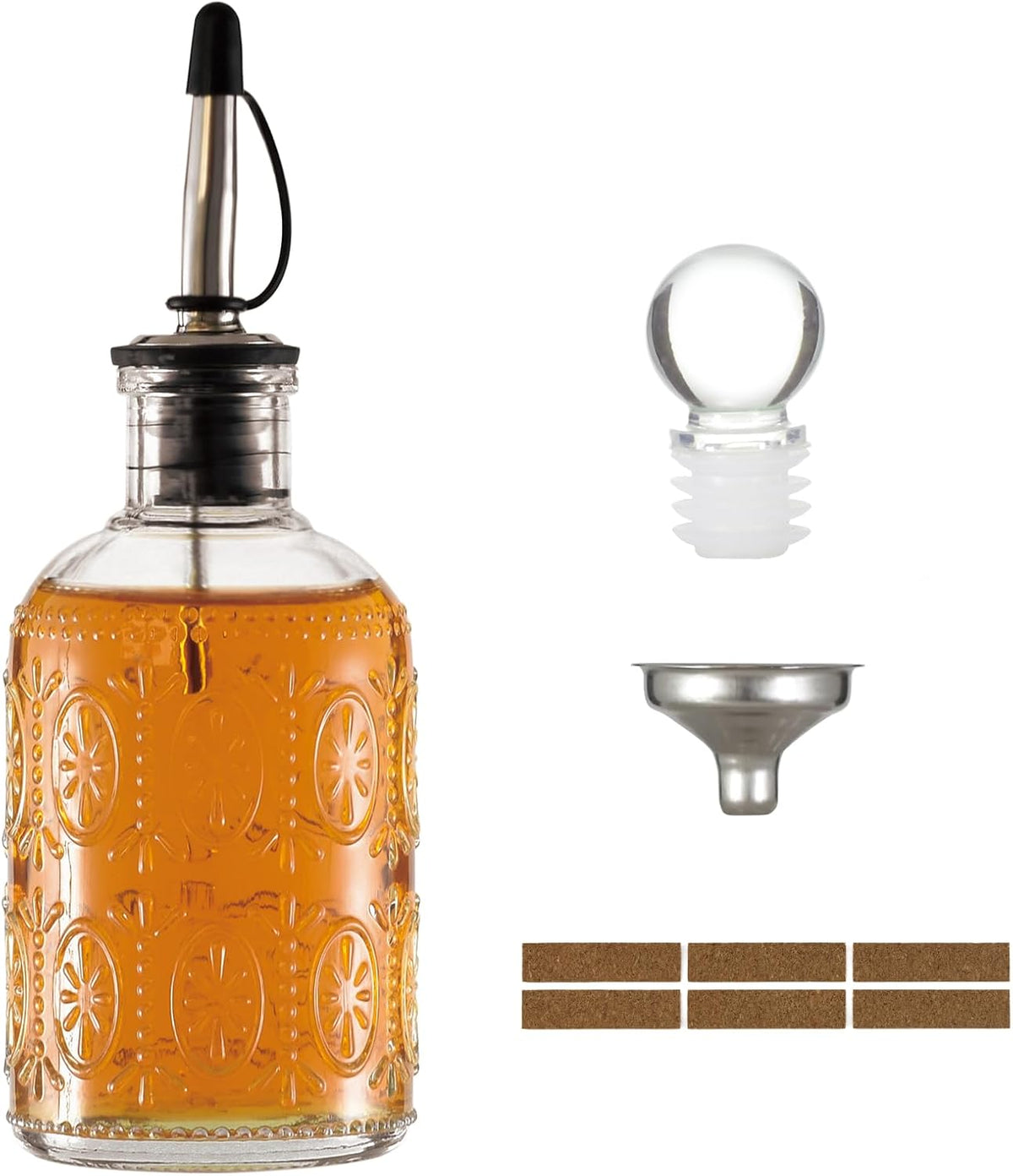 Retro Glass Syrup Dispenser Bottle 7oz, Oil and Vinegar Cruet with Stainless Steel Pour Spout, Labels, Funnel & Stopper(Antique Daisy)