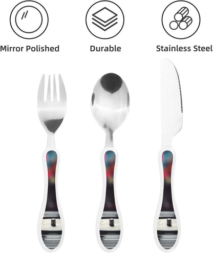 3-Piece Kids Silverware Set With Storage Case, Stainless Steel Reusable Children Safe Knife Spoon Fork Set Blue Active Girl Running Sunset Children Flatware Set For Kids Lunch Box - Colors A