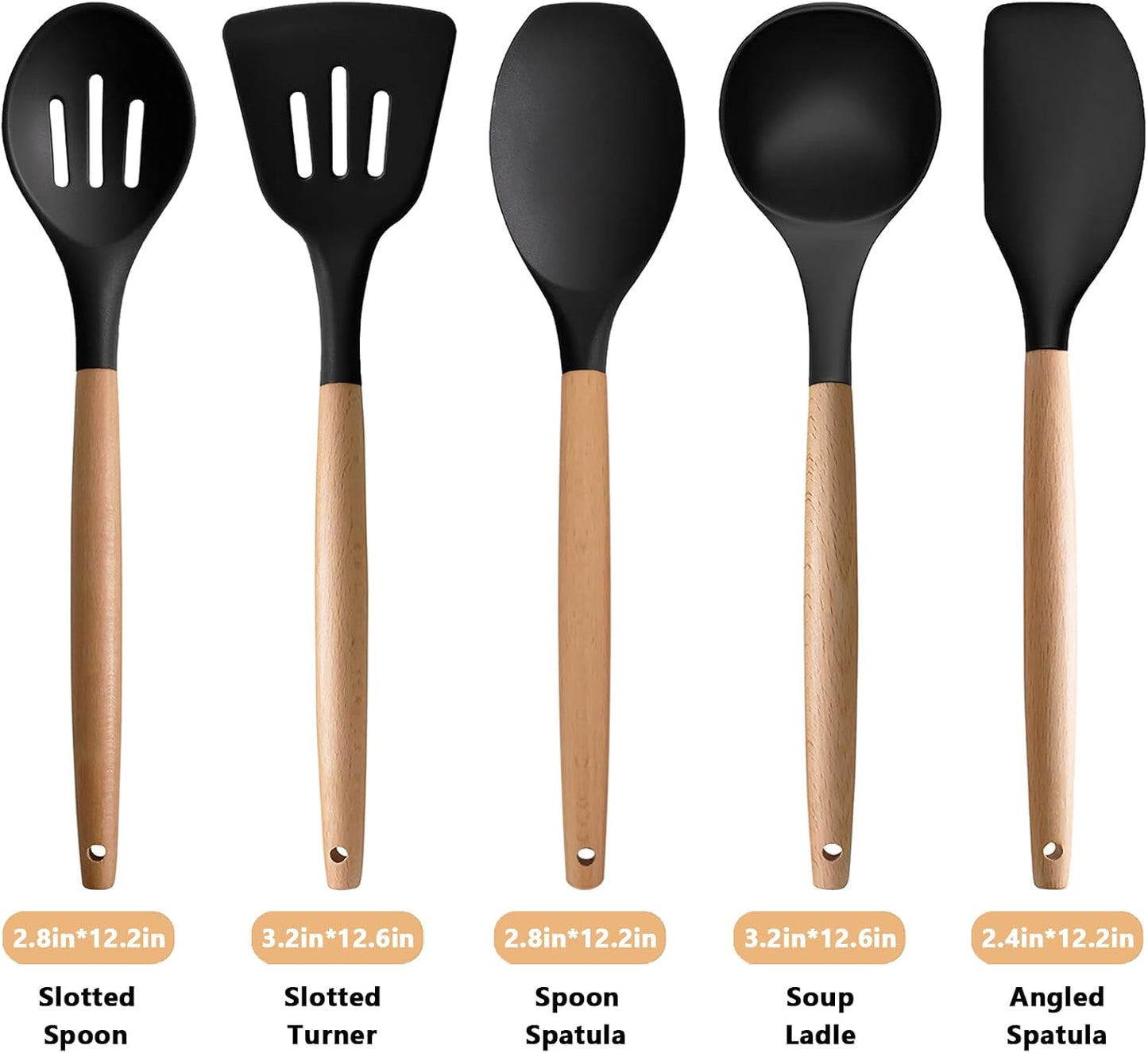 Kitchen Cooking Utensils Set, 6Pcs Silicone Kitchen Utensils Set Spatula Spoon Soup Ladle Turner, Heat Resistant Wooden Handle Silicone Cooking Gadgets for Nonstick Cookware & Baking BPA FREE