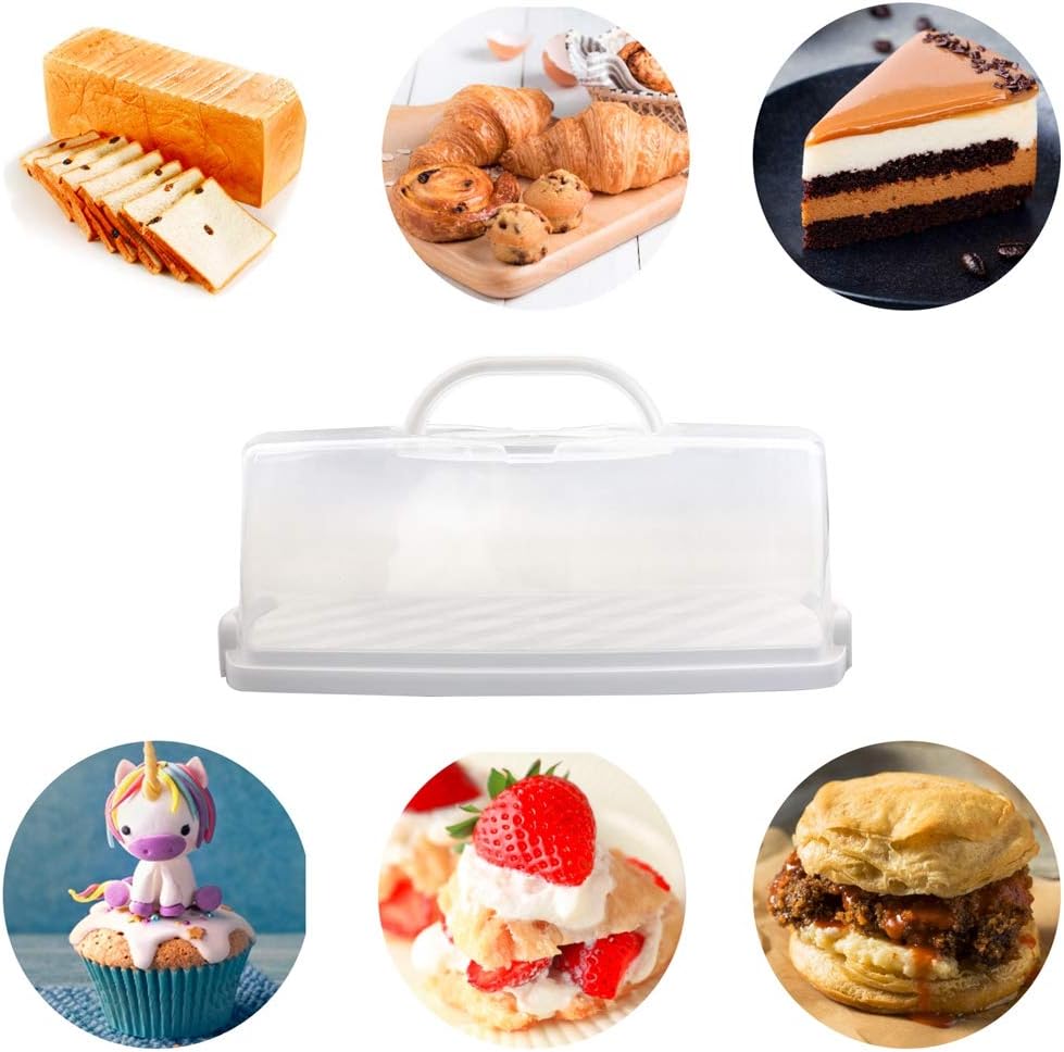 Plastic Rectangular Bread Box with Portable Handle, Loaf Cake Storage Container Box for Storing Banana Bread,Pumpkin Bread (Rectangular-White)