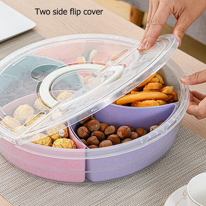Circle Fruit Tray Separable Snacks Bowl Nut Food Candy Picnic Salad Storage Containers Plastic Platter Divided Serving Tray Portable 5 Compartments with Lid