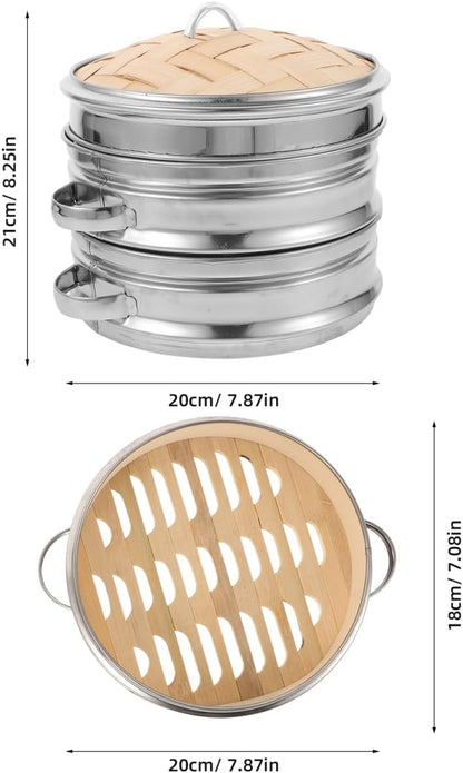 IMIKEYA Bamboo Steamer Basket, 7-Inch, 2-Tier Dumpling Steamer Basket with Lid Home Kitchen Vegetables Steam Pot for Dim Sum, Bao Buns, Dumplings, Asian Food, Rice