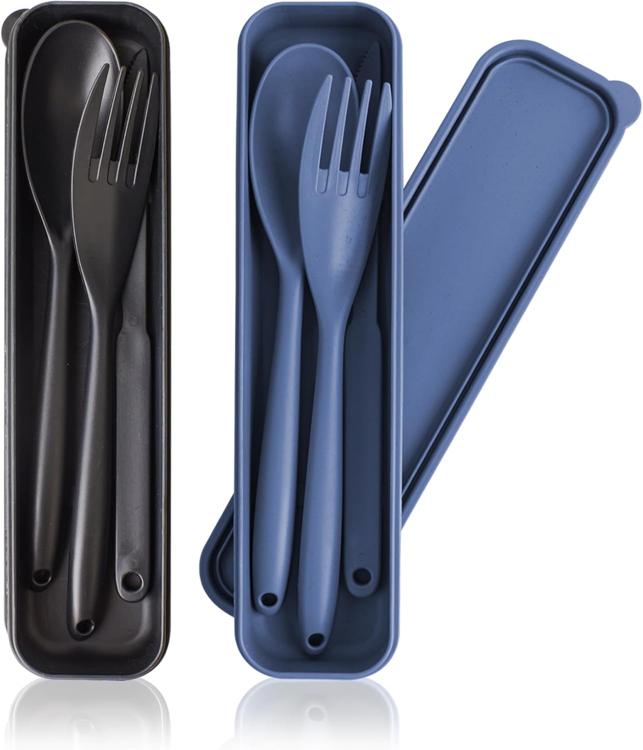 2 Sets Reusable Utensil Set with Case, Portable Plastic Spoons Fork Knife Camping Utensils for Lunch Box Accessories for Kids Adults Travel Picnic Camping Daily Use(Blue, Black)