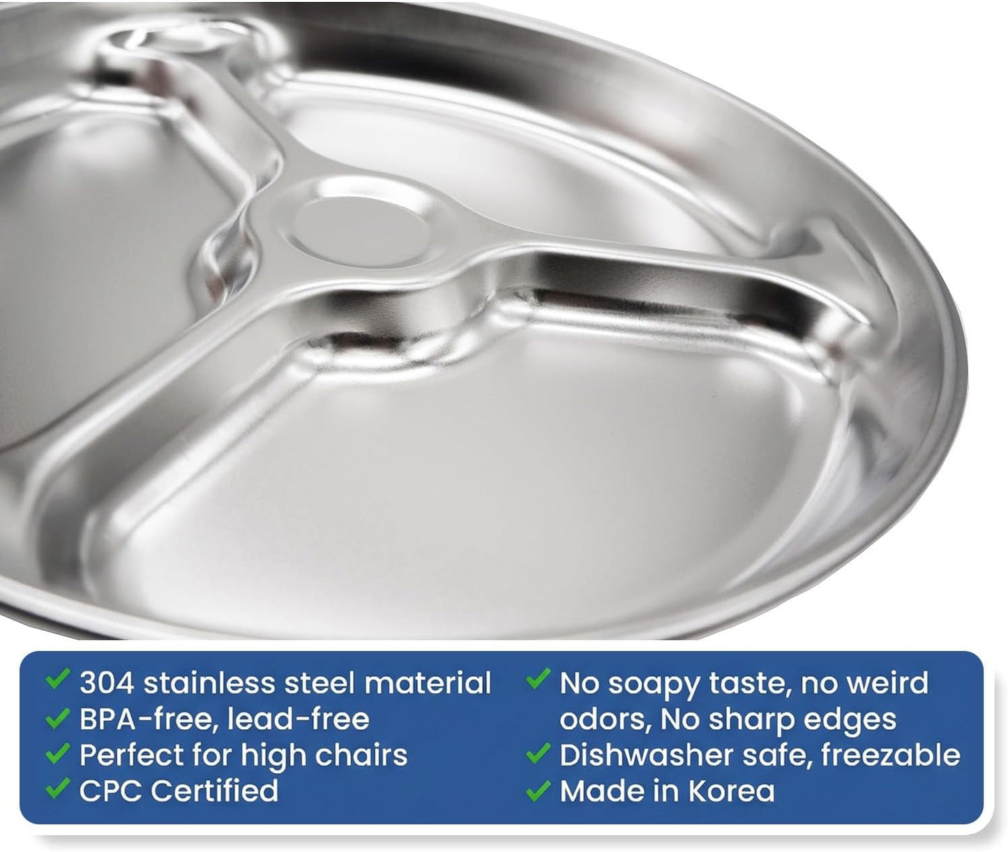 Korean Stainless Steel Divided Plates for Adults, Teens, Premium 304, Electro-Polished, No Black Residue, BPA-Free, Large 5-Compartment Food Tray, Diet Portion Control, Camping, Set of 2