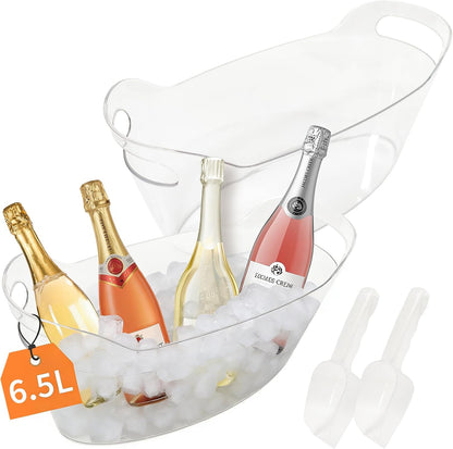 13L Ice Bucket for Parties 2 Pack,Large Clear Drink Cooler with Scoop & Handle,Drink Bucket for Champagne Wine,Beer,Plastic Beverage Tub for Mimosa & Cocktail Bar,Wedding & Party Hosting & Serving