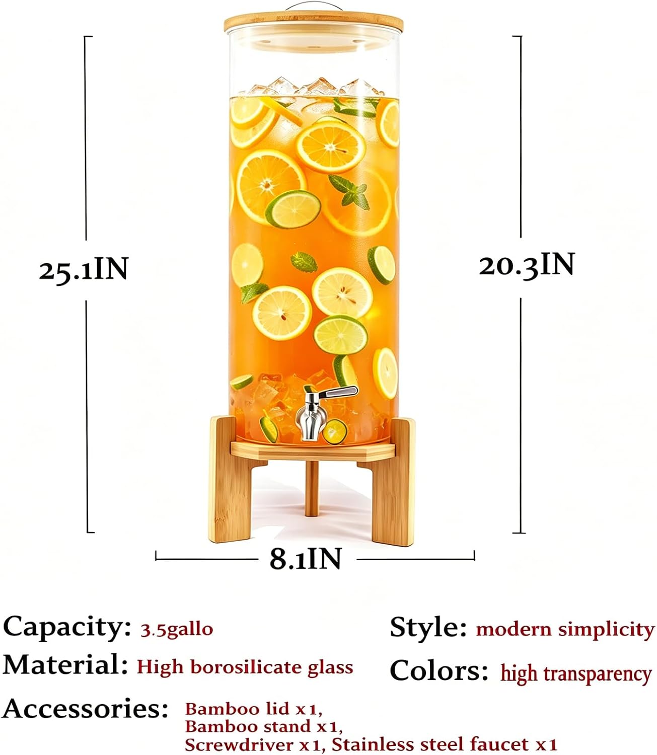 Beverage Dispenser,2.1 Gallon Glass Drink Dispenser with Stand,Glass water dispenser with Spigot, Large Drink Dispensers for Parties,Water Dispensers for Bar,Wedding,Restaurants 8L
