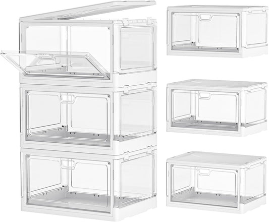 Kmiectse Clear Storage Bin with Lid 3 Pack 【Stackable & Sturdy】 Plastic Multifunctional Folding Storage Bins for Bedroom, Living Room, Study,Room, 23 QT Folding Box with Magnetic Door