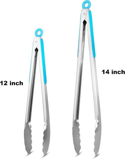 304 Stainless Steel Kitchen Cooking Tongs, 9" and 12" Set of 2 Sturdy Grilling Barbeque Brushed Locking Food Tongs with Ergonomic Grip, Black