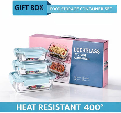 Glass Food Storage Containers with Lids, 3 Pack (14oz / 24oz / 36oz), Glass Meal Prep Containers, Airtight & Leak Proof Bento Boxes, Microwave Oven Freezer Safe Kitchen Storage Containers
