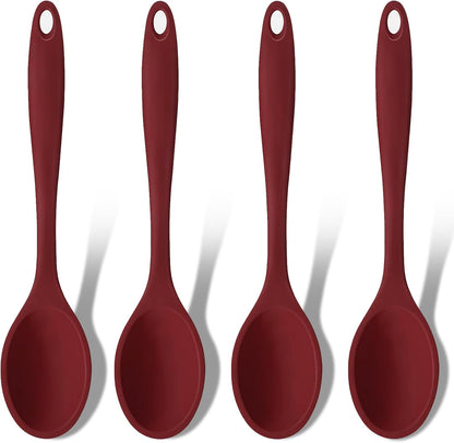 GEEKHOM Silicone Cooking Spoons, 4 Pieces 8" Heat Resistant Silicone Kitchen Utensils Set Serving Stirring Spoons for Non Stick Cooking, Mixing, Basting, Baking, Black+Red+Gray+Blue