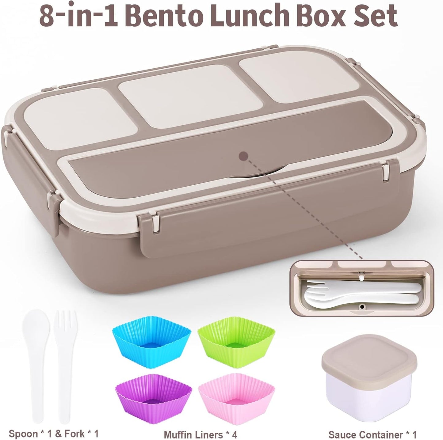 Bento Box Adult Lunch Box, Lunch Containers for Kids Girls Boys with 4 Compartments, Lunchable Food Container with Utensils, Sauce Jar, Muffin Liners, 40 Oz/5 Cup, Microwave Safe, Lavender