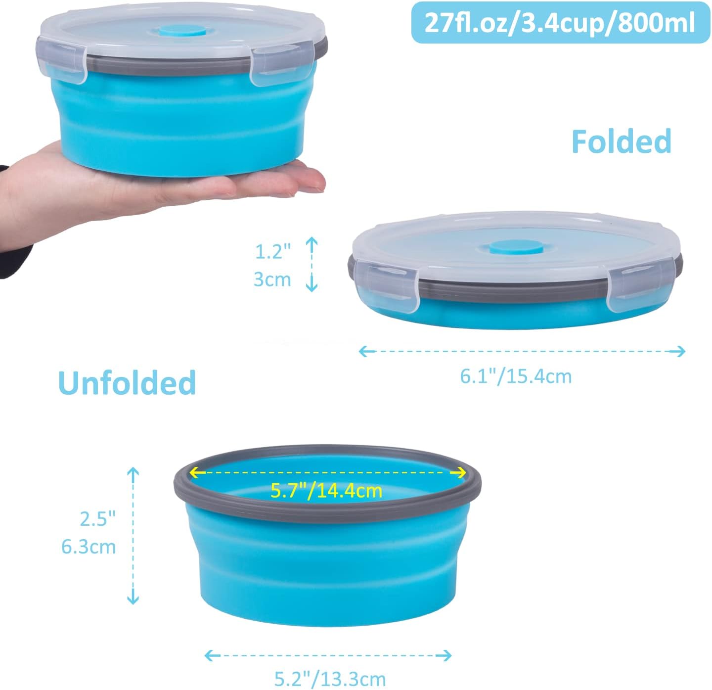 Collapsible Food Storage Containers with Lids, 4 Pack, 40 oz Silicone 1-Compartment Meal Prep Containers Reusable, Lunch Bento Boxes for Adults, Microwave Freezer Dishwasher Safe, BPA-Free, Black
