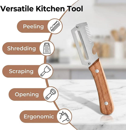 2 Pack Multifunctional Vegetable Peeler, 3-in-1 Peelers For Kitchen with Bottle Opener, Sharp Stainless Steel Swivel Blade, Wooden Handle, For Vegetables or Fruits that Need to Be Peeled