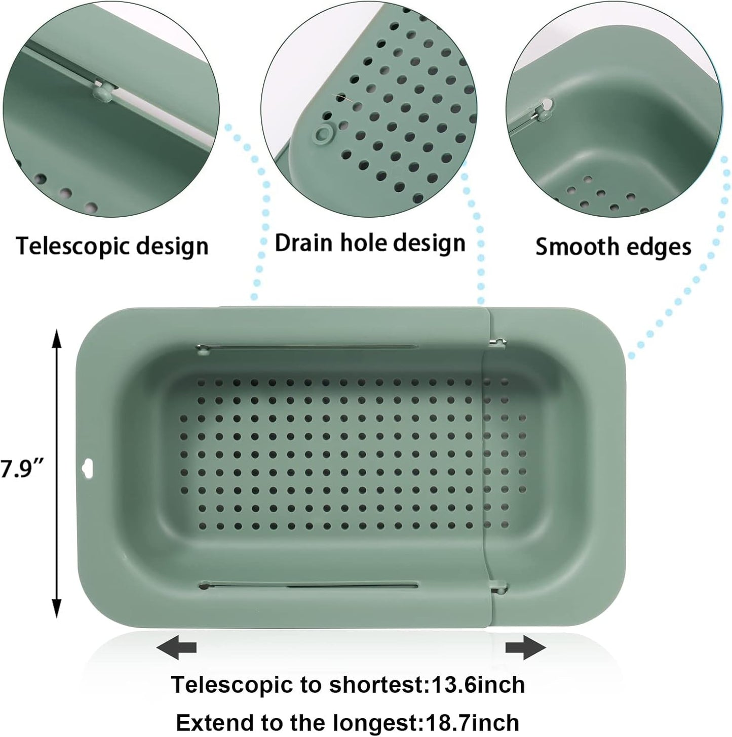 KesaPlan Collapsible Sink Colanders and Strainers Basket Over the Colander Extendable Plastic Fruit Vegetable Strainer Drainer for Kitchen(Length 14.3-19.4 inch)(Gray Set of 2)