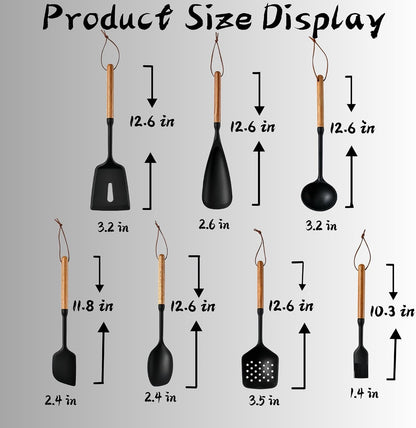 Exquisite Silicone Cooking Utensils Set - Non-Toxic, Heat-Resistant Kitchen Utensils Set with Food-Grade Silicone & Wood Handles - Includes Spatula & Spoon for Non-Stick Cookware, Black