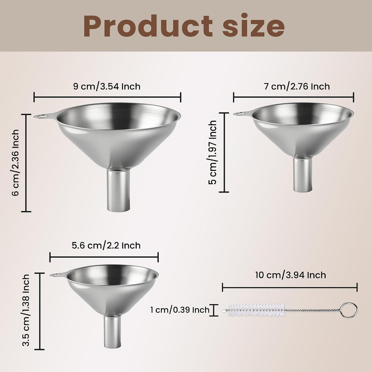 Supercenter Kitchen Funnel, Mini Funnel, Set of 3, Round Ring & Clean Brush