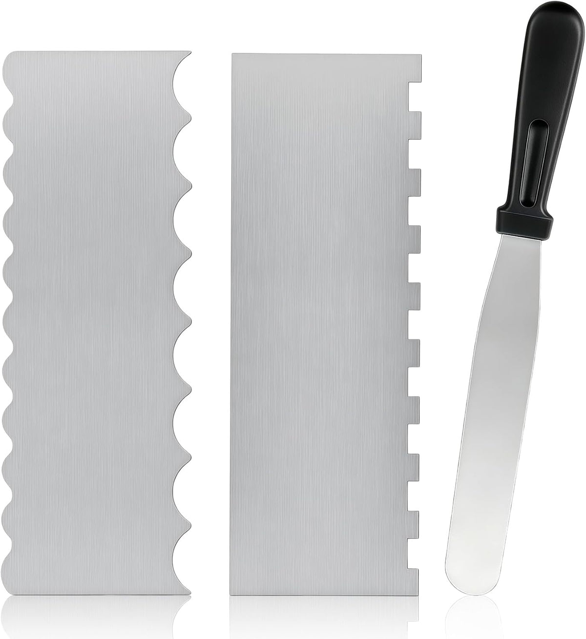 Cake Scraper Set 3PCS, Stainless Steel Flat Convex Wave with Icing Spatula