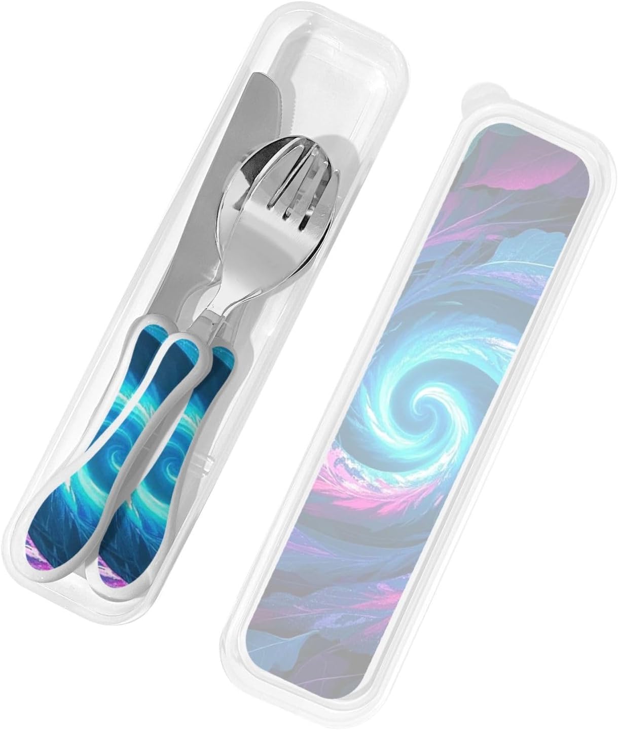 3-Piece Kids Silverware Set With Storage Case, Stainless Steel Reusable Children Safe Knife Spoon Fork Set Dreamy Jellyfish Print Children Flatware Set For Kids Lunch Box
