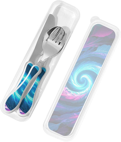 3-Piece Kids Silverware Set With Storage Case, Stainless Steel Reusable Children Safe Knife Spoon Fork Set Dreamy Jellyfish Print Children Flatware Set For Kids Lunch Box