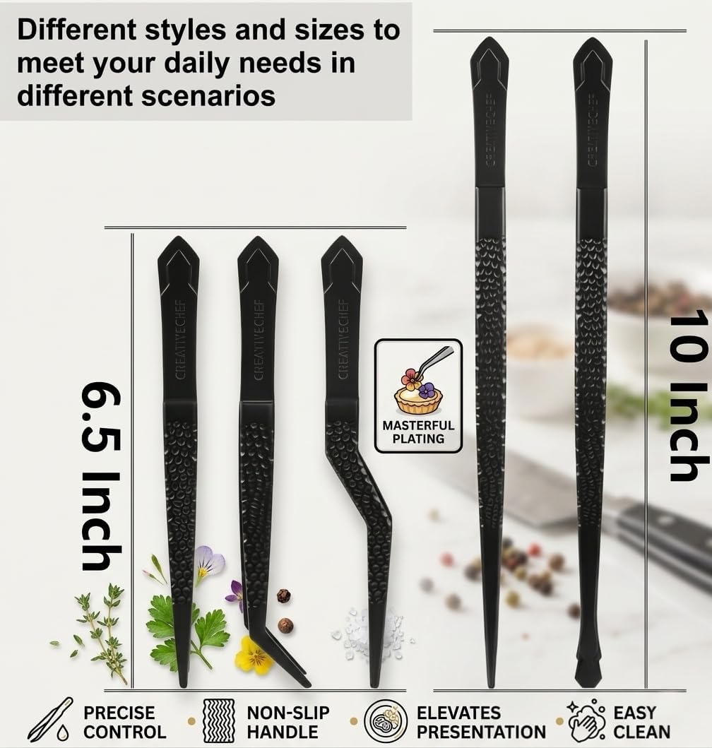 CREATIVECHEF Chef Tweezer Tongs, Professional Kitchen Tweezers, Precision Tweezer Tongs for Cooking, BBQ, Plating, Stainless Steel, Black (2)