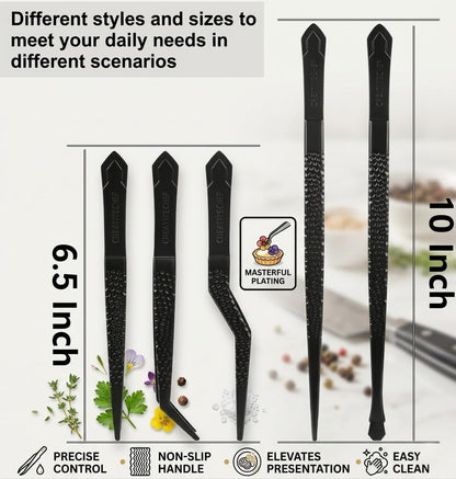 CREATIVECHEF Chef Tweezer Tongs, Professional Kitchen Tweezers, Precision Tweezer Tongs for Cooking, BBQ, Plating, Stainless Steel, Black (2)