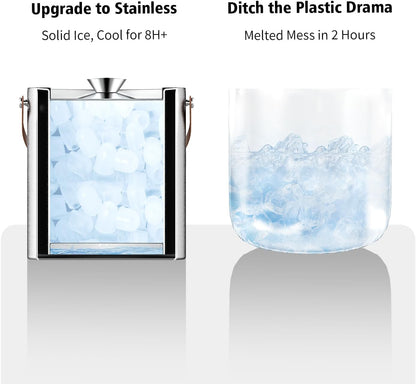 Bakpoco Double-Wall Vacuum Insulated Ice Bucket with Lid, Scoop, Ice Tong, Strainer & Leather Handle Keep Ice Frozen Longer Large Wine Ice Buckets for Cocktail Bar,Parties Chilling Beer Champagne 3L