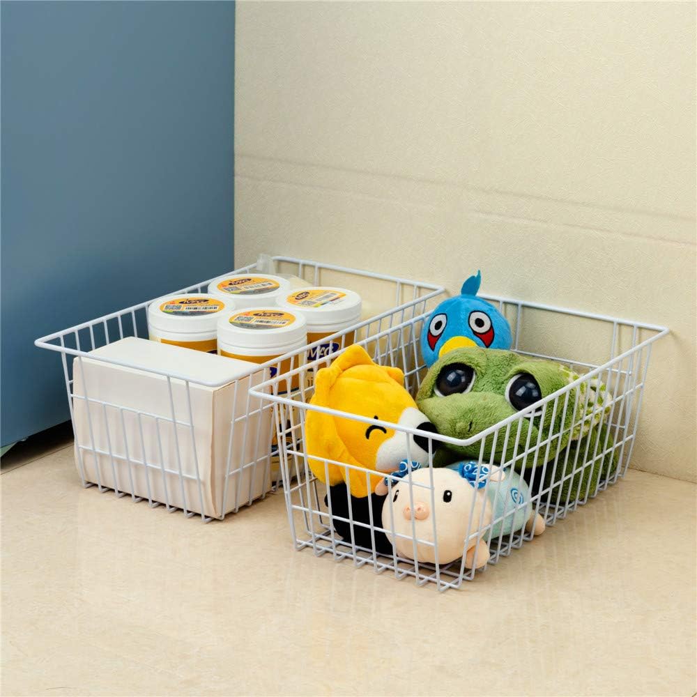 SANNO Freezer Baskets for Storage Pantry Large Metal Wire Food Storage Organizer Bin Basket with Handles - for Kitchen Cabinets, Pantry, Bathroom, Laundry Room, Closets, Garage - Chrome，2 pack