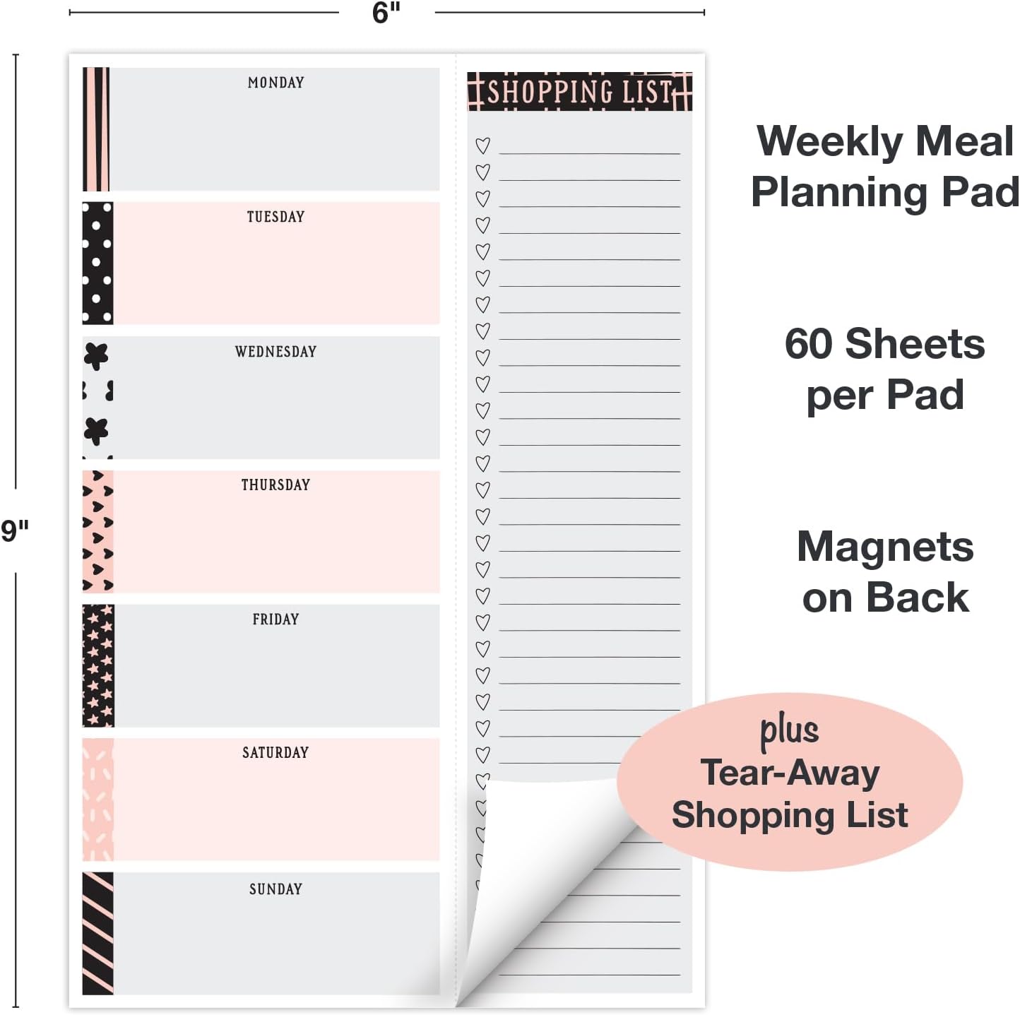 Global Printed Products 8.5" x 11" Horizontal Meal Planning Pad, 60-Sheets, Soft Pink Floral