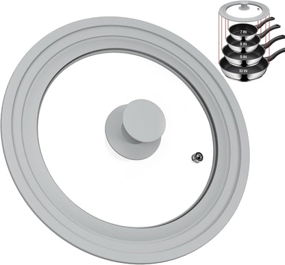 TOPULORS Universal Lid for Pots, Pans, and Skillets - Tempered Glass Lid with Silicone Rim Fits 8", 9", 9.5" Inner Diameter Cookware Frying Pan Cover Replacement Lid - Dishwasher Safe, Grey