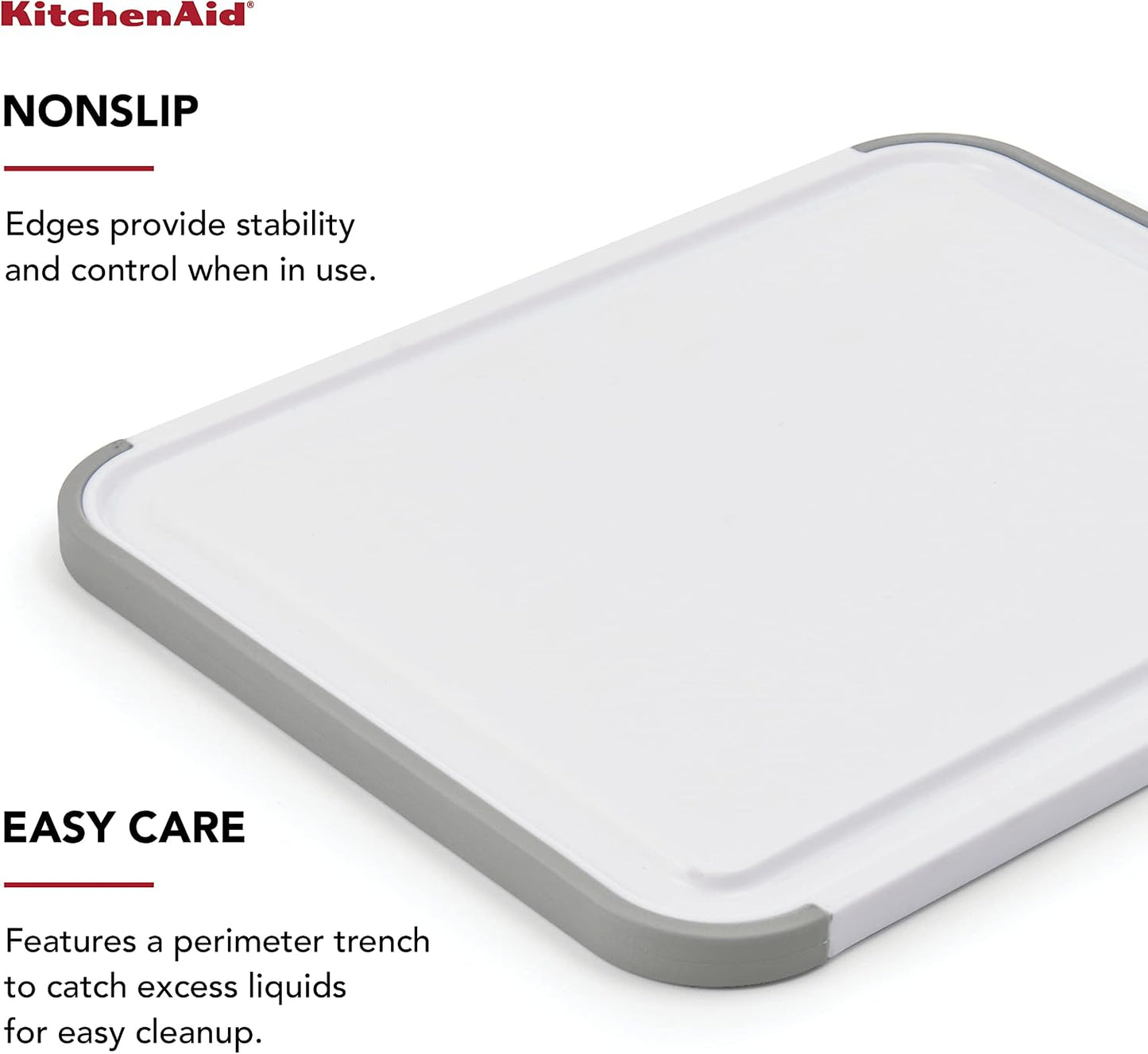 KitchenAid Classic Plastic Cutting Board with Perimeter Trench and Non Slip Edges, Dishwasher Safe, 12 inch x 18 inch, Gray