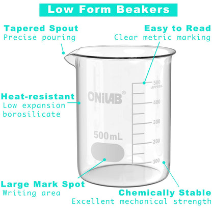 ONiLAB Glass Measuring Beaker Set 50ml 100ml 250ml (Pack of 3) 3.3 Boro Griffin Low Form with Printed Graduation Scientific Glassware for Laboratories, Classrooms or Home Use 13900244