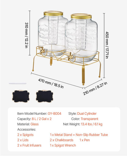 VEVOR Beverage Dispenser, 3 Pack 2 Gallon Drink Dispensers for Parties, Glass Juice Dispenser with Metal Stand, Stainless Steel Spigot, Infuser, Iced Tea Lemonade Juice Water Dispensers for Parties