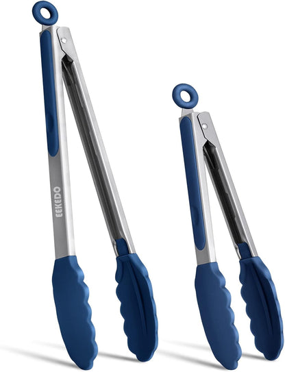 Kitchen Tongs, Stainless Steel Cooking Tongs with Silicone Tips, 600ºF High Heat-Resistant Non Scratch Locking Tongs for Cooking BBQ Grilling Air Fryer Pans, Set of 3 (7" 9" and 12") Black