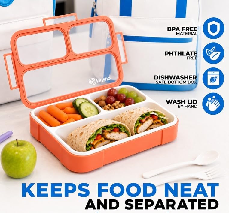 kinsho Bento Lunch-Box for Adults Kids Lunches, Portion Control Container Boxes for Women Girls Boys | Leak-Proof Snack Containers, BPA-Free Utensils 5 Compartments | Blue & Green 2 Pack Set