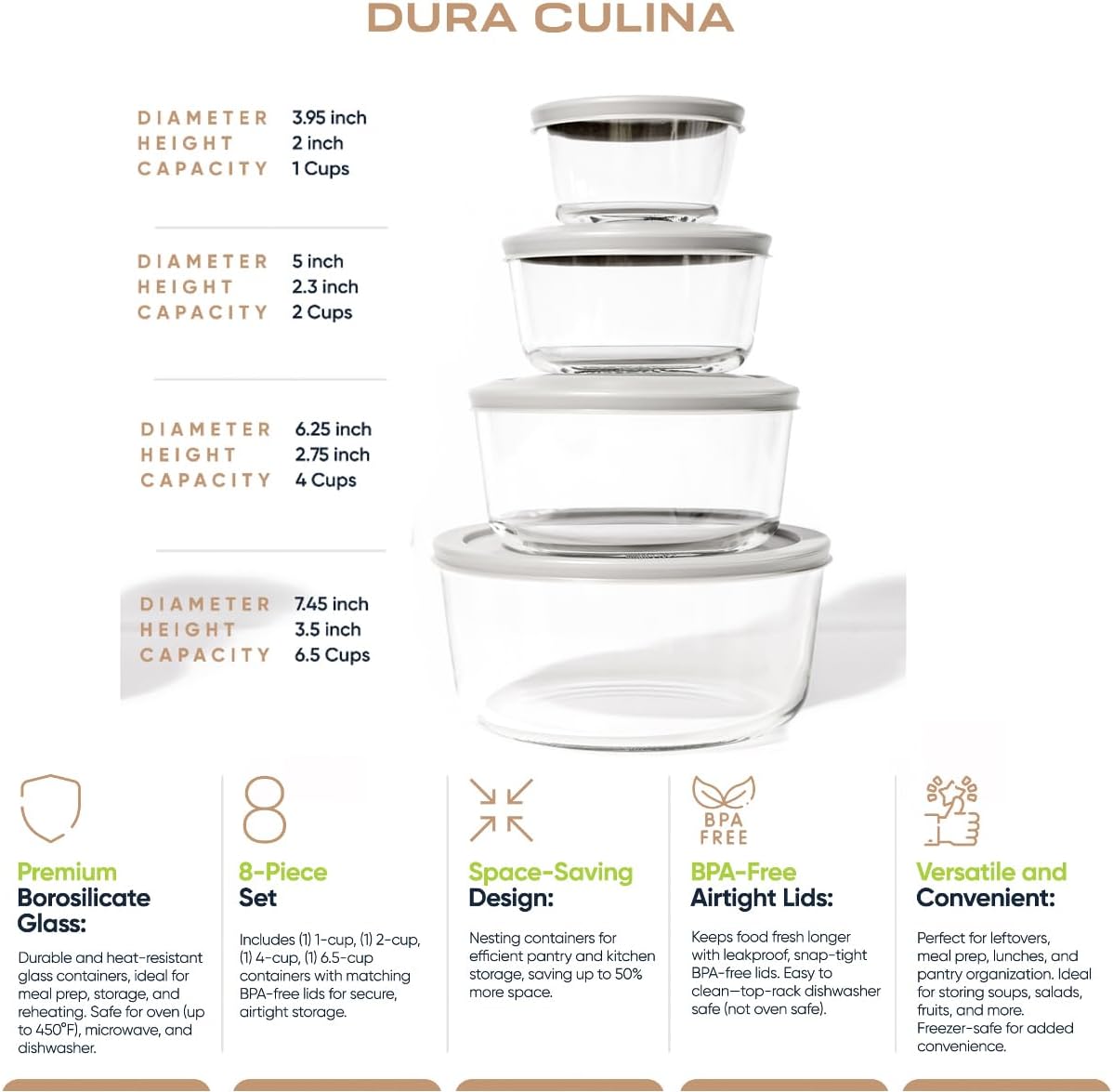 6-Piece Glass Food Storage Containers Set (3 Containers + 3 BPA-Free Lids) | 2-Cup, Leakproof | Microwave, Freezer, Oven & Dishwasher Safe | Ideal for Meal Prep & Pantry Organization, Pistachio
