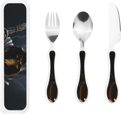 3-Piece Kids Silverware Set With Storage Case, Stainless Steel Reusable Children Safe Knife Spoon Fork Set Grim Reaper Children Flatware Set For Kids Lunch Box
