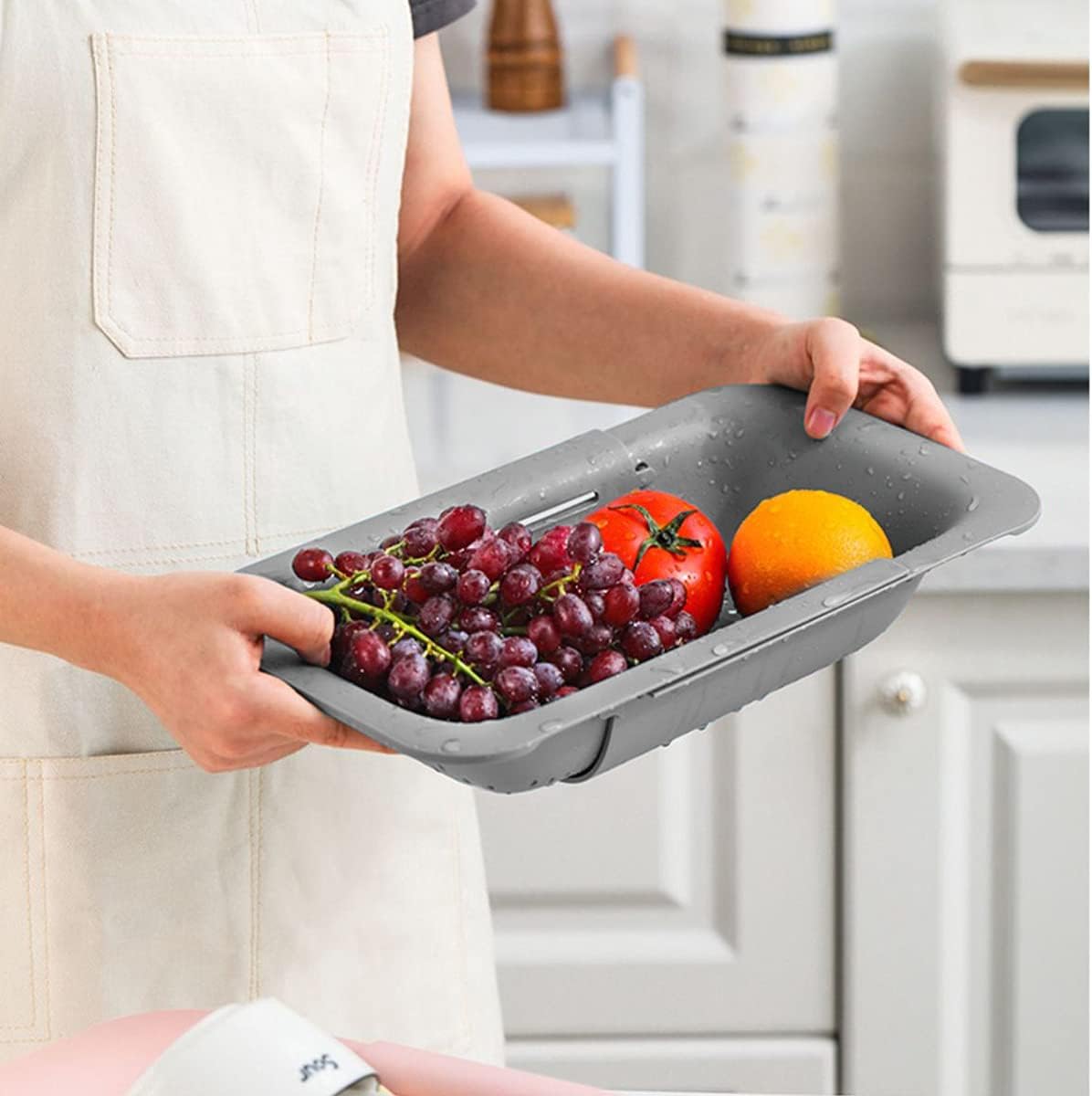 KesaPlan Collapsible Sink Colanders and Strainers Basket Over the Colander Extendable Plastic Fruit Vegetable Strainer Drainer for Kitchen(Length 14.3-19.4 inch)(Gray Set of 2)