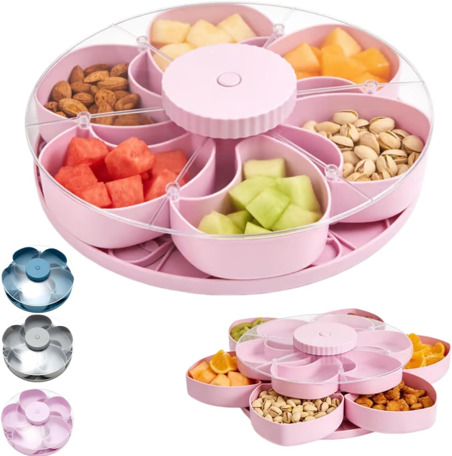 Divided Serving Tray That Spins - Perfect for Snacks, Dips & Party Appetizers, Rotating Snack Box Container with Lid, Lazy Susan Organizer Veggie Fruit Tray for Kitchen,Travel and Picnic (Blue)