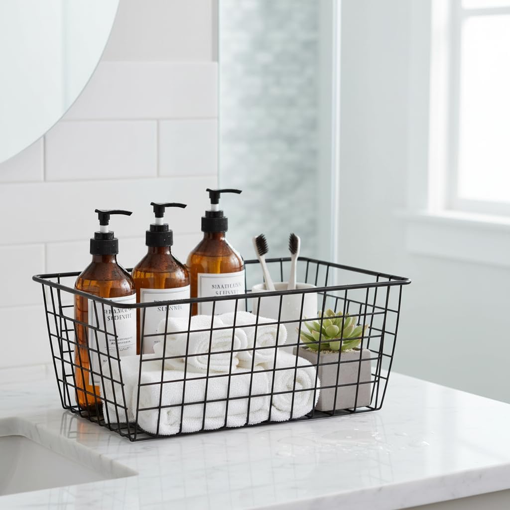 Metal White Wire Basket,Food Storage Organizer with Wooden Handles, pantry organizers and storage for Organizing Kitchen Cabinets potato onion, 2 Packs