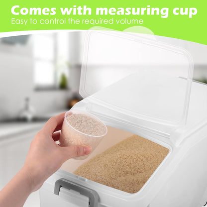 Sunnyray 4 Pcs Rice Storage Containers Bulk Flour Sugar Container Wheels Measuring Cups Set Airtight Pet Dog Cat Birds Food Bin Grain Cereal Organizer Box for Dry Baking (Beige,38 lb)