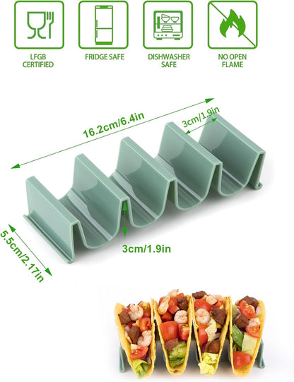 Dark Green Taco Holder Stand - 2 Pack, Wave Shape Taco Tray for Party, Holds 4 Tacos Each, Dishwasher Safe & Stackable