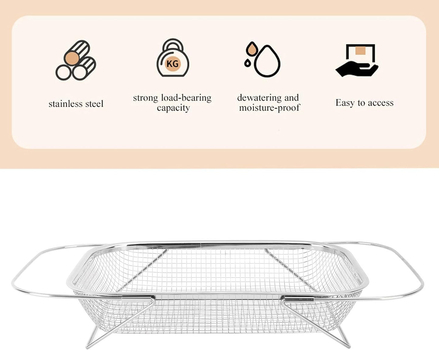 Over the Sink Colander, Expandable Baskets with Fine Mesh Strainer Handle Stainless Steel Rectangle Kitchen Colanders for Strain Drain Rinse Fruits Vegetables Pasta New Home Essentials (Silver)