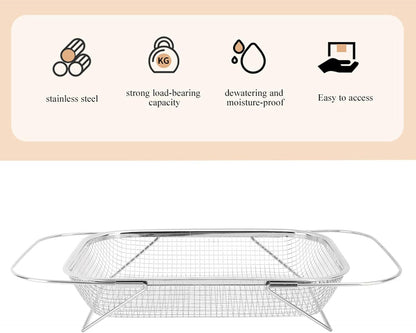 Over The Sink Colander, Stainless Steel Expandable Baskets with Handles Rectangle Kitchen Fine Mesh Strainer Basket for Strain Drain Rinse Fruits Vegetables (Gold)