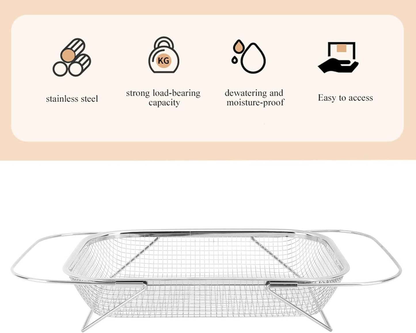 Over The Sink Colander, Stainless Steel Expandable Baskets with Handles Rectangle Kitchen Fine Mesh Strainer Basket for Strain Drain Rinse Fruits Vegetables (Gold)