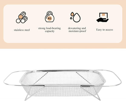 Over The Sink Colander, Stainless Steel Expandable Baskets with Handles Rectangle Kitchen Fine Mesh Strainer Basket for Strain Drain Rinse Fruits Vegetables (Gold)