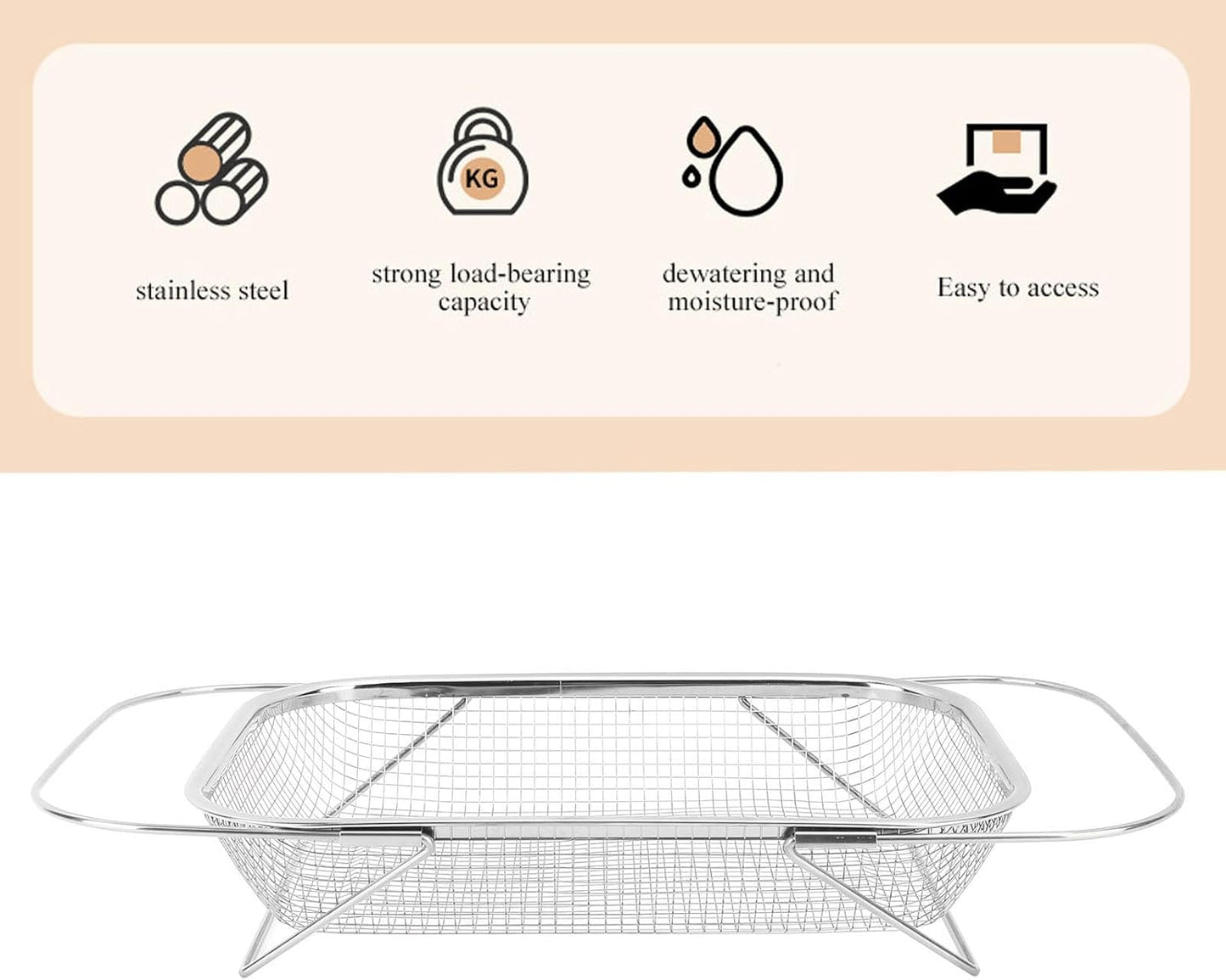 Stainless Steel Sink Strainer, Mesh Drain Basket with Grip Handles for Straining Vegetables Draining Fruits Kitchen Use
